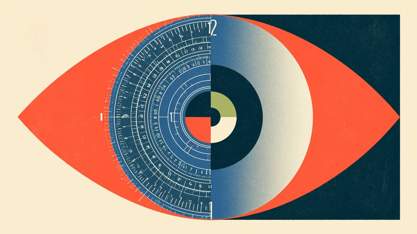 Stylized illustration of a split eye contrasting numeric and perceptual contrast measurement