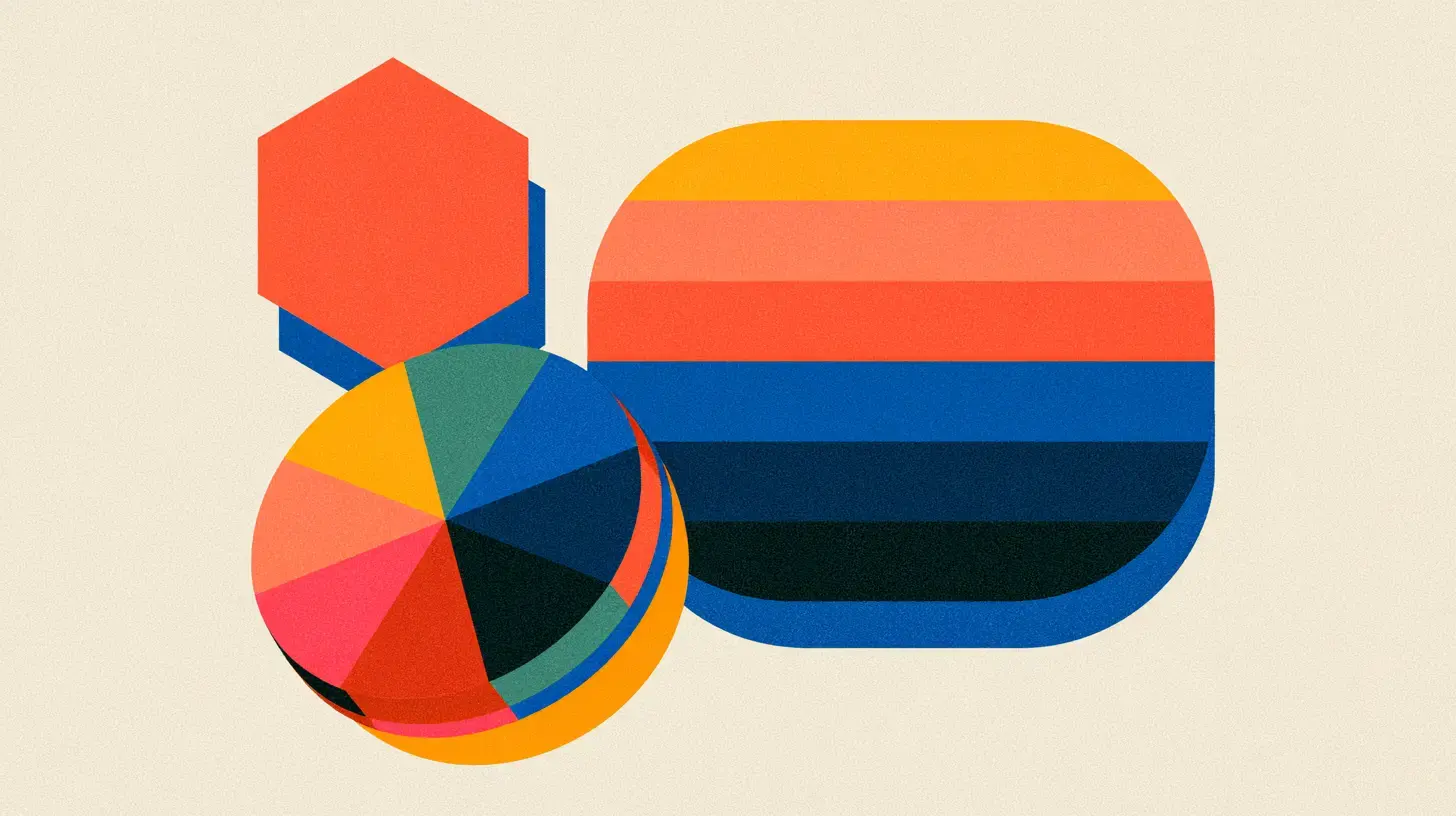 Stylized illustration of three geometric forms — a hexagon, a tilted color wheel, and a smooth gradient lens — representing HEX, HSL, and OKLCH